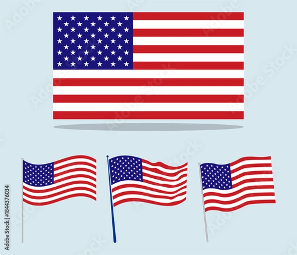 Fototapeta Four illustrations of the American flag including a flat design and three versions shown waving gracefully.