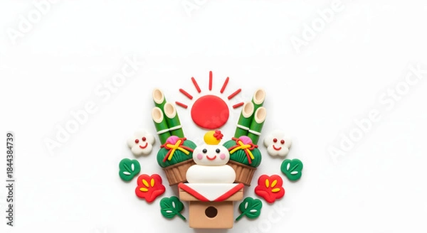 Obraz 初日の出とお正月の縁起物のクレイアート背景