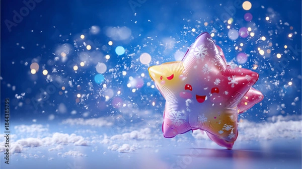 Fototapeta 3D cartoon star balloon on snow with festive bokeh background