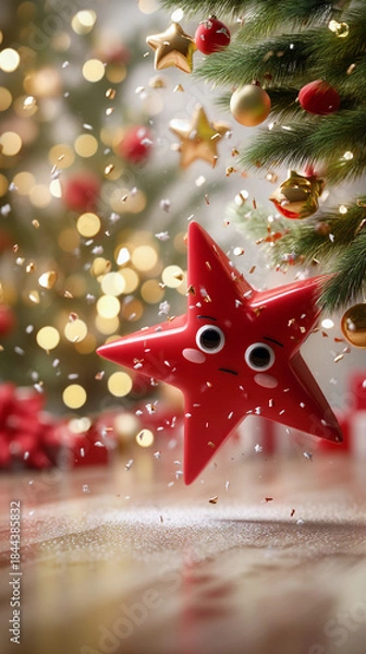 Fototapeta Festive red star ornament with face and falling confetti