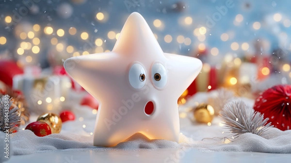 Fototapeta Surprised glowing star character on snow with Christmas lights