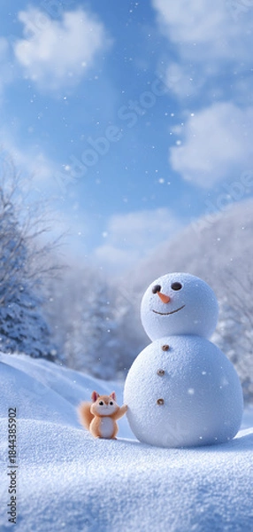 Fototapeta Cute squirrel with smiling snowman in a snowy winter forest