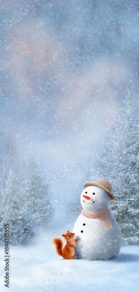Fototapeta Whimsical snowman and red squirrel in a snowy forest