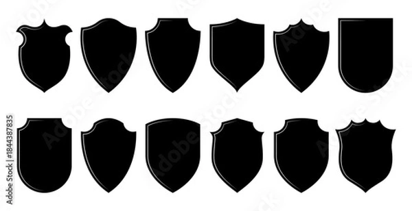 Fototapeta Shield icon. Security shield frames, heraldic emblems privacy protection concept, simple security badge silhouettes, geometric rectangle shields. Vector flat set