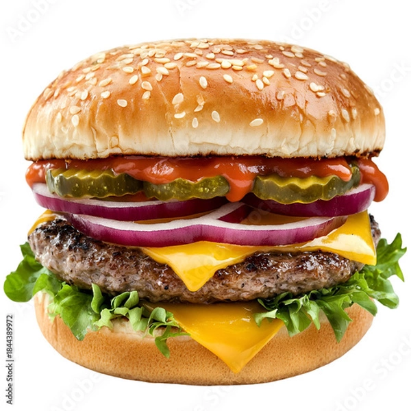 Fototapeta Juicy cheeseburger with sesame seed bun on transparent background