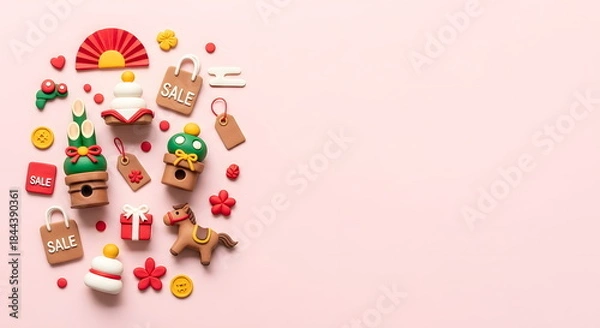 Obraz 午年の初売りセールと縁起物のクレイアート背景