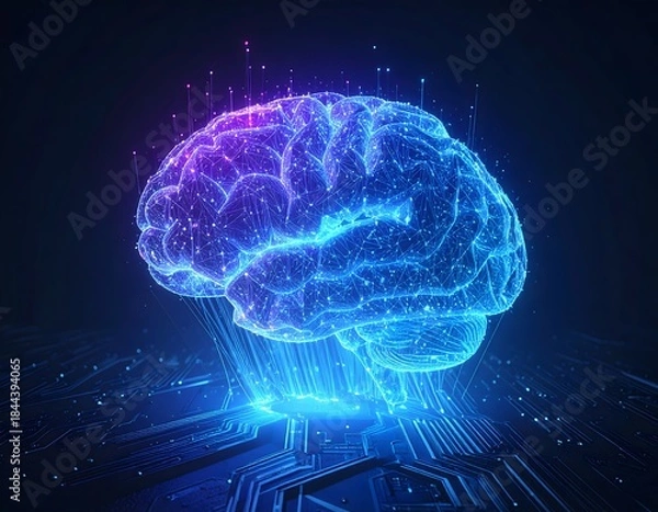 Fototapeta Futuristic AI Brain with Glowing Data Points and Fiber Optics