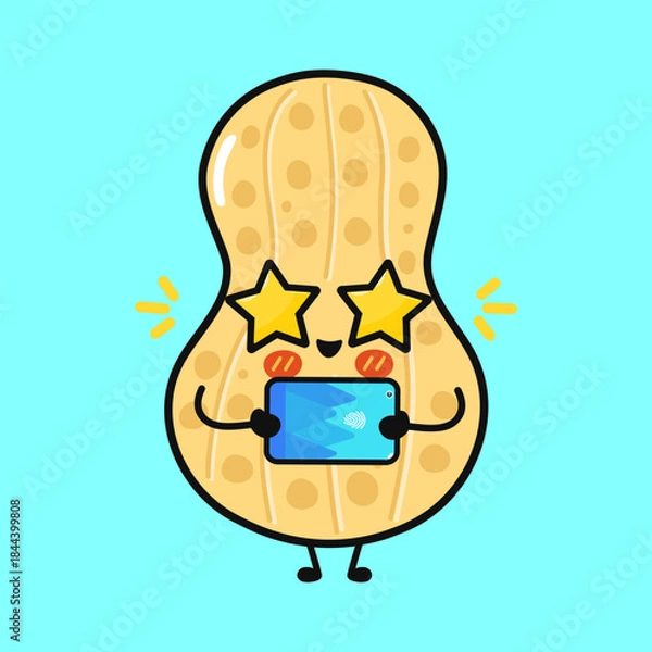 Obraz Cute star struck peanut character holding mobile phone