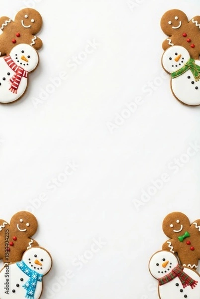 Obraz Christmas gingerbread man and snowman cookies in corners on white background with vertical copy space. Festive royal icing holiday border frame for greeting card template.