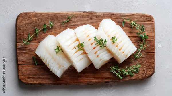 Obraz Raw Calamari Squid Blocks Cutting Board Preparation Thyme