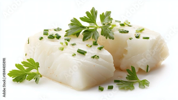 Obraz Cooked White Fish Fillet Portion Parsley Chive Garnish
