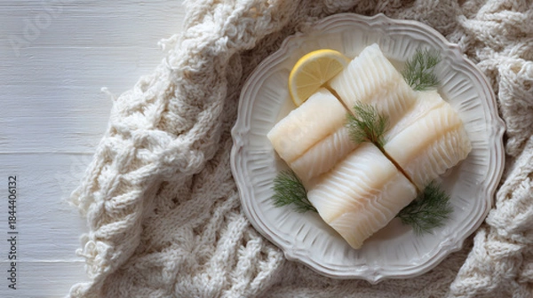 Obraz Raw Cod Fillets Portions Plate Lemon Dill Overhead View