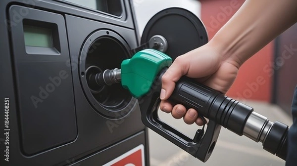 Fototapeta Person Using Gas Pump at Station, Urban Environment, Realistic View