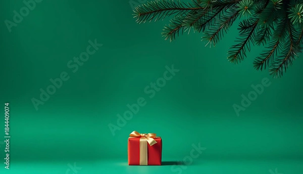Obraz Christmas Gift on Green Background with Pine And Free Space For Text