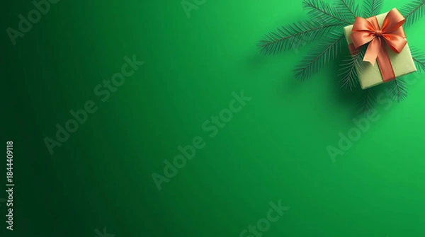Obraz Christmas Gift and Pine Branch on Green Background And Template for Text