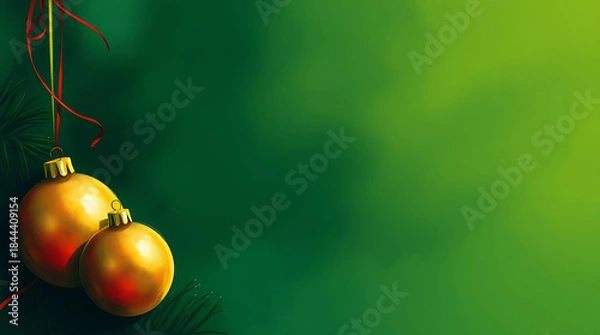 Fototapeta Christmas Golden Baubles with Green Background And Template for Text