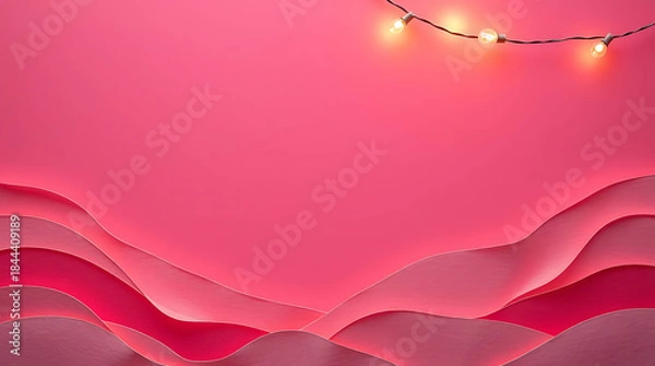 Obraz Pink Paper Cut Landscape with String Lights On Pink Background With Template for Text