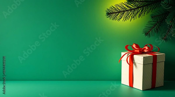 Obraz Gift Box with Red Ribbon and Christmas Tree On Green Background With Copy Space 