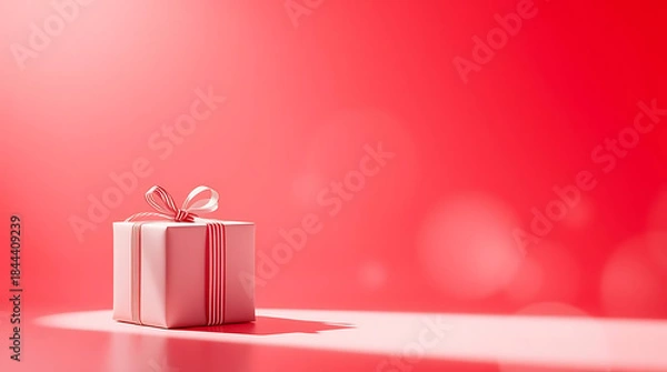 Obraz Elegant Gift Box on Red Background With Copy Space And Sunlight