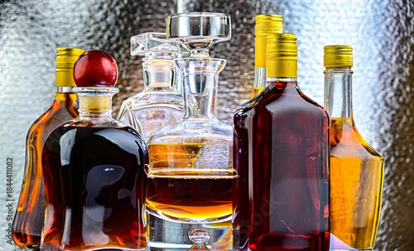 Obraz Bottles and carafes of assorted alcoholic beverages