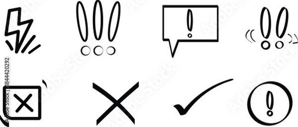 Fototapeta Hand drawn exclamation marks and check symbols. Comic doodle set including lightning, cross, and warning signs.