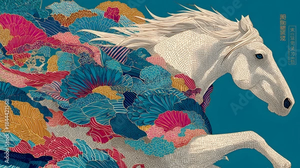 Fototapeta 和柄の中を駆ける午が新年を告げる、2026年の年賀状にぴったりな和風イラスト。縁起の良いデザインが魅力。