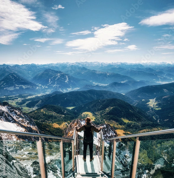 Fototapeta Young man with backpack stands on observation deck of skywalk rope bridge Dachstein Mountains and enjoys the landscape in Austria