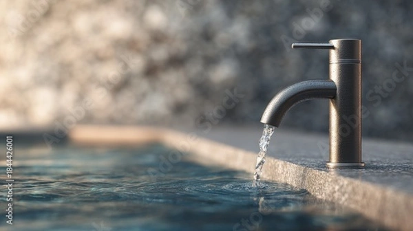 Fototapeta Elegant Water Faucet with Flowing Water Over a Stone Edge Near Reflective Pool Surface in Natural Light