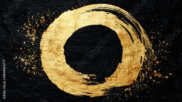 Obraz 黒色の和紙と筆で描いた金の丸（生成AI)