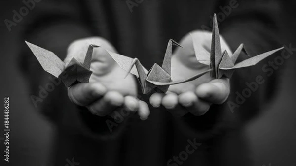 Obraz Hands releasing origami paper birds of hope minimalist style indoor environment concept of letting go
