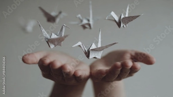 Obraz Hands releasing origami paper birds of hope minimalist studio setting symbolizing letting go