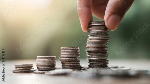 Obraz Careful hands stacking coins into tower home financial savings visuals indoor close-up symbol of saving