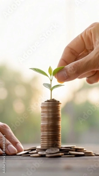 Obraz Carefully stacking coins to build a small tower of savings nature background financial growth concept
