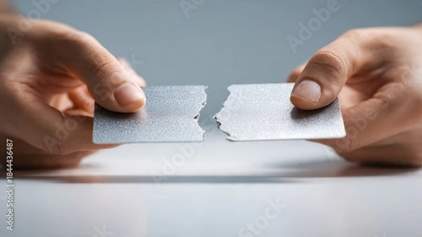 Obraz Breaking free from debt hands tearing a credit card in half financial freedom concept modern office environment