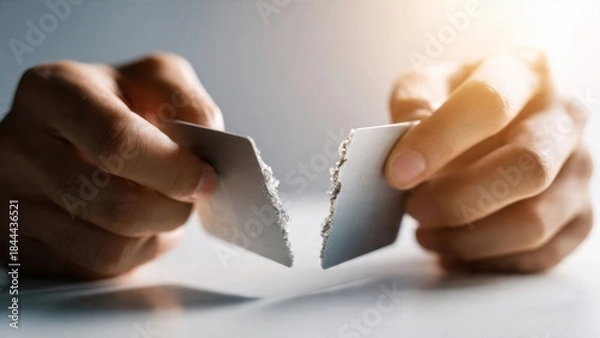 Obraz Hands tearing credit card in half symbolizing financial freedom and debt relief minimalist studio setting
