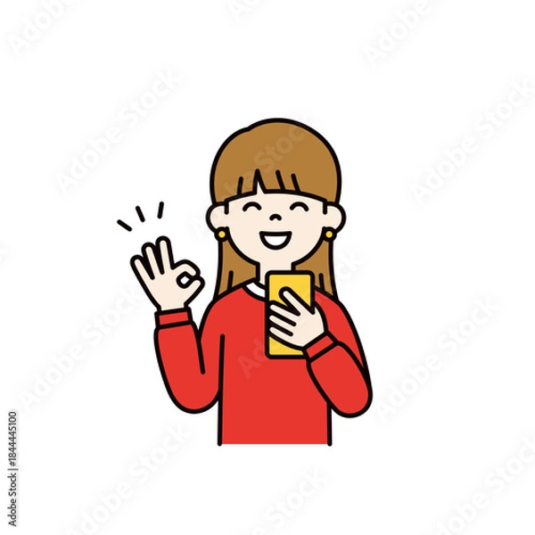 Obraz スマートフォンを持ってOKサインをする、若い女性・女子学生のベクターイラスト素材＿カラー