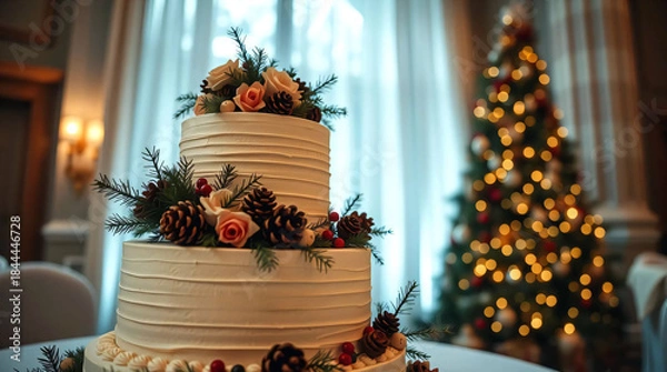 Fototapeta A wedding cake decorated with cones, pine, flowers, and berries, set at a winter reception with a Christmas tree