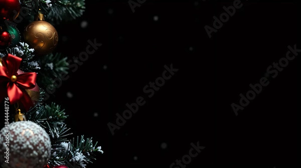 Fototapeta Christmas background with elegant decorations on the left, blank right side for text