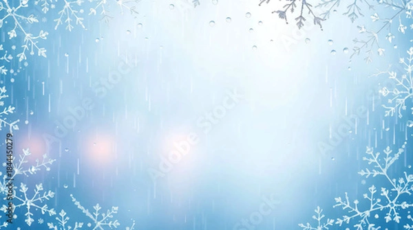 Fototapeta Wet rainy scene iridescent colors, soft snowy gradient top to bottom, delicate snowflakes frame edges, clean middle for text