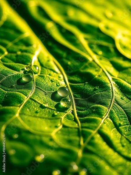 Fototapeta Veined emerald tapestry, dew kissed and illuminated Glossy surface refracts light ,  design,  botanical