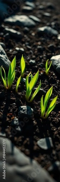 Fototapeta Vibrant green shoots emerge from rich, damp earth, framed by smooth, charcoal stones in a striking low-angle, geometric composition,  geometric,  wet earth