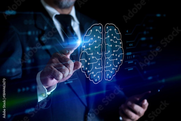 Obraz Businessman using Automation technology and Machine learning in business internet technology. Programming, machine learning and artificial intelligence concept. Smart thinking concept