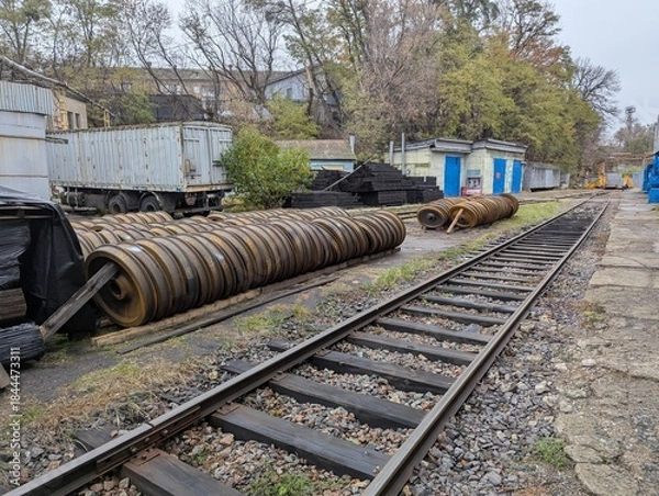 Obraz An open-air warehouse for train car wheels