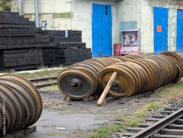 Obraz An open-air warehouse for train car wheels