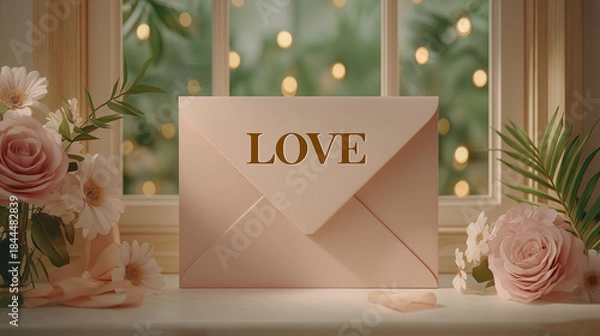 Fototapeta Love Letter in Bloom: A delicate, pastel-hued love letter rests amidst a collection of soft pink flowers, embodying a sense of gentle romance and heartfelt emotion.