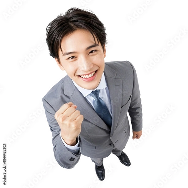 Obraz ガッツポーズをするスーツ姿の若いビジネスマン（俯瞰・切り抜き・コピースペース・白バック）
