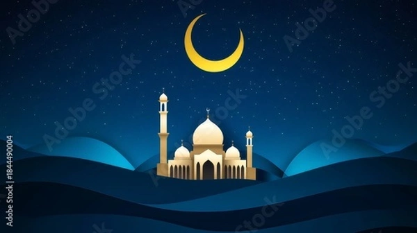 Obraz Mosque shining under the crescent moon in the night sky