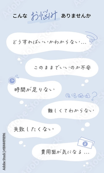 Obraz スマホ版こんなお悩みありませんかのもやもや吹き出しフレーム縦型レイアウトテンプレート (手書きサンプル文字･感情アイコン付き) ベクター。Negative speech bubble