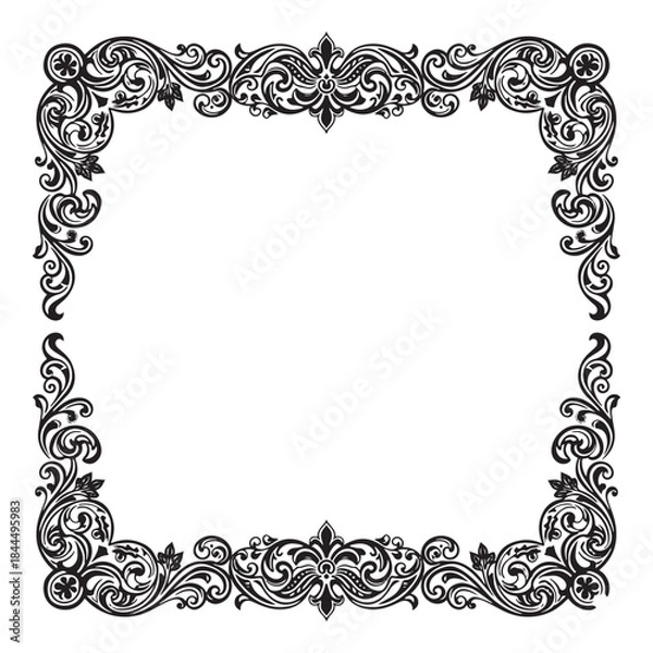 Fototapeta Traditional Black Floral Border Frame with Decorative Scroll Elements
