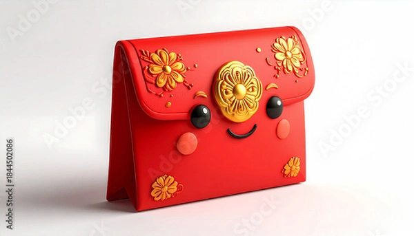 Fototapeta cute red angpao envelope mascot illustrated in soft 3D clay style with festive mood
